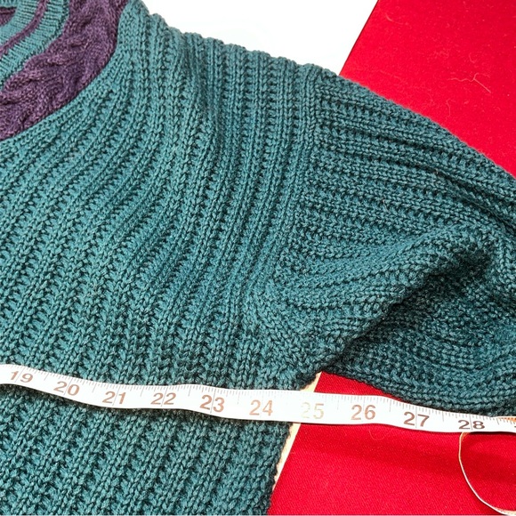 90s preppy blue striped tennis sweater Cable Knit Turquoise VNeck MEN Lg College - Picture 2 of 12